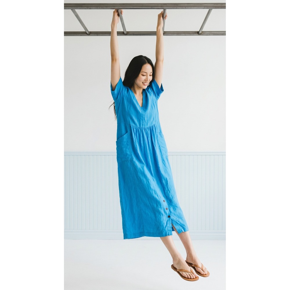 Poetry Cornflower Blue 100% Linen Midi Dress Lagenlook Minimalist Hygge